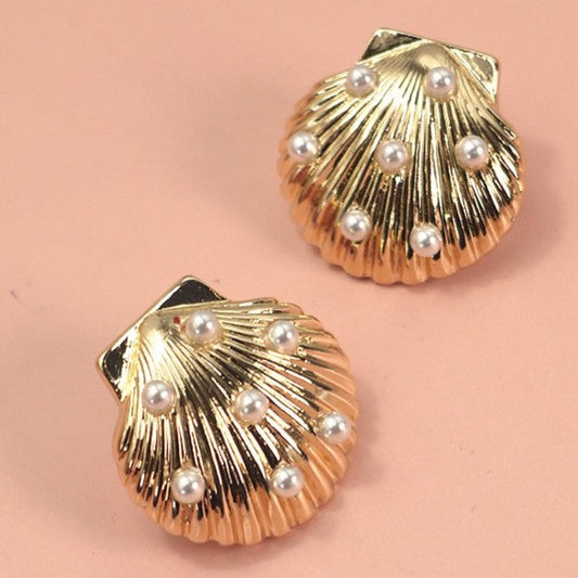 Gold Pearl Seashell Stud Earrings