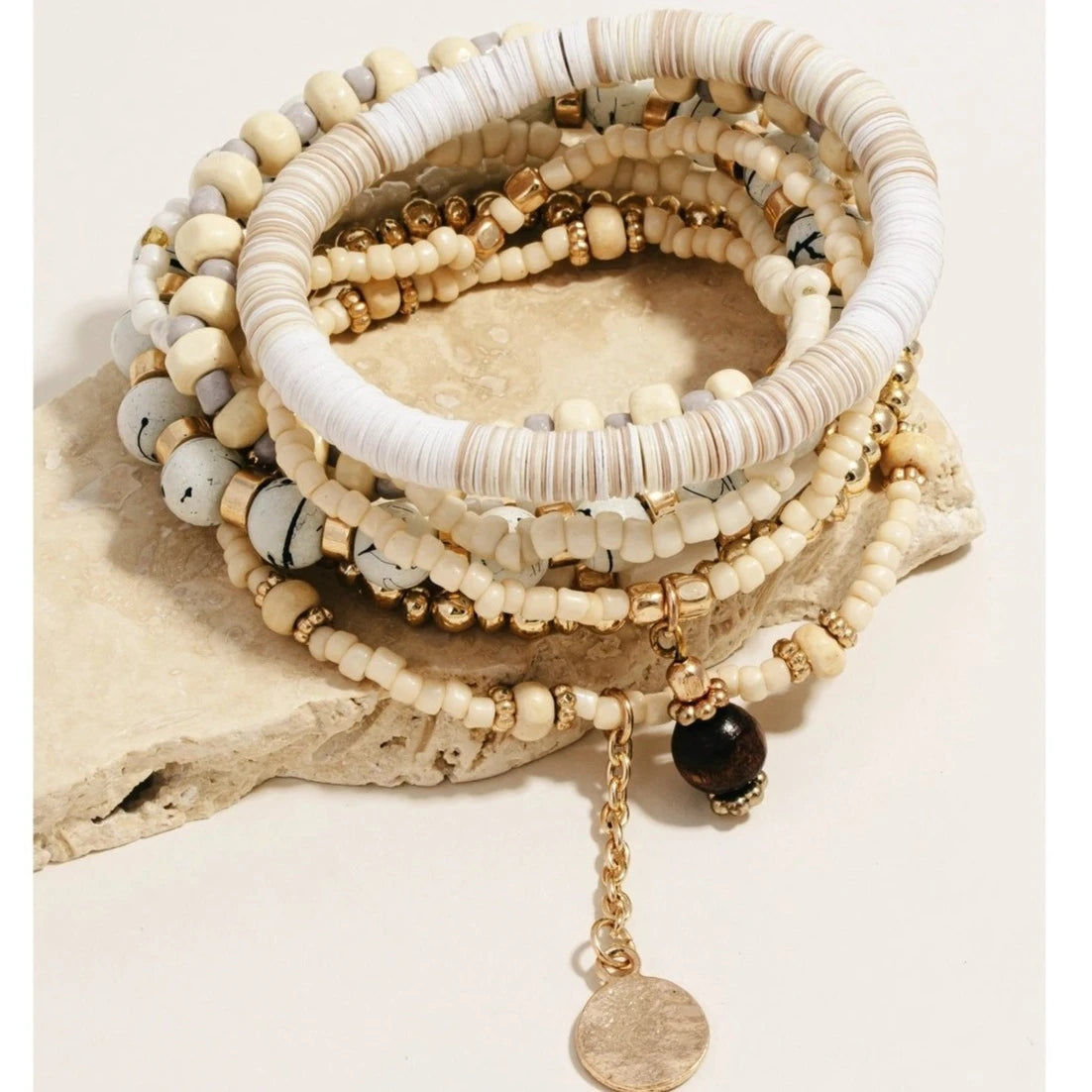 Multi Disc Stone Bead Stretch Bracelet Set