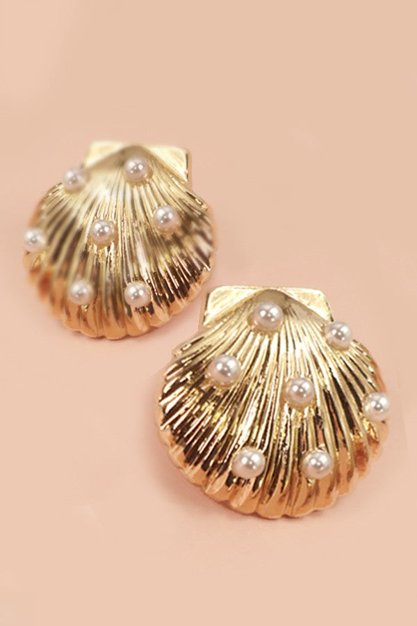 Gold Pearl Seashell Stud Earrings