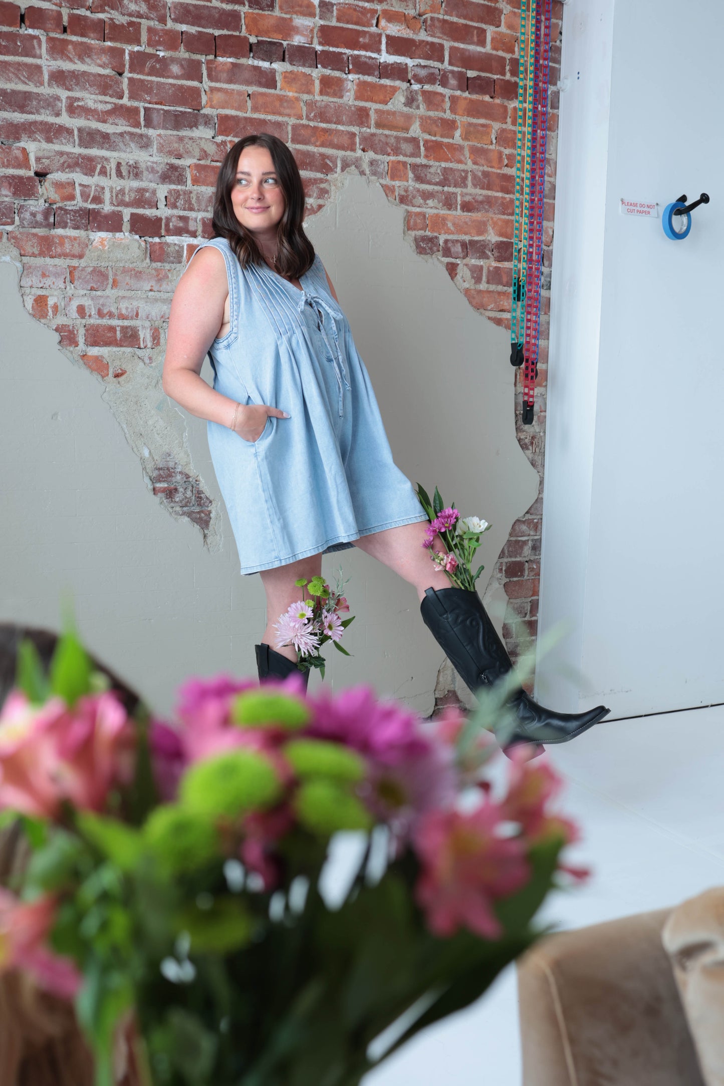 Pleated Denim Sleeveless Romper