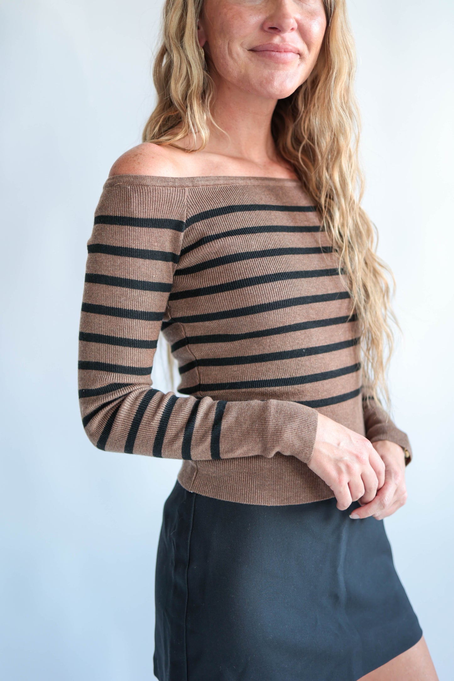 Mocha Off The Shoulder Stripe Top