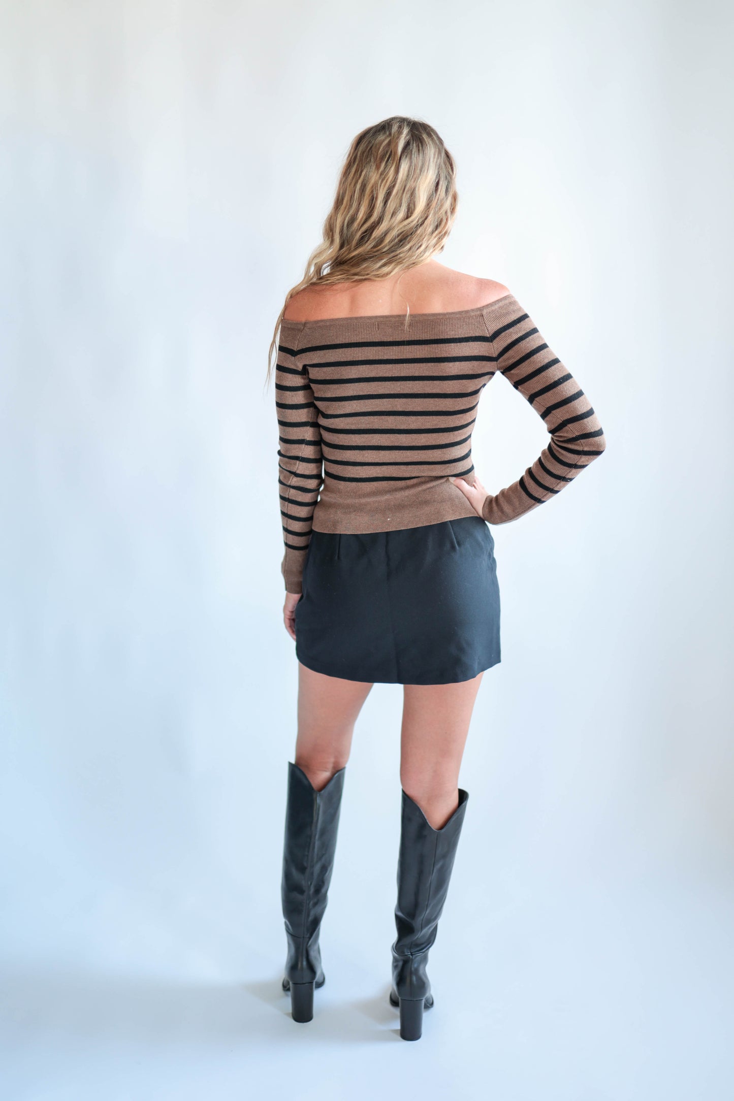 Mocha Off The Shoulder Stripe Top