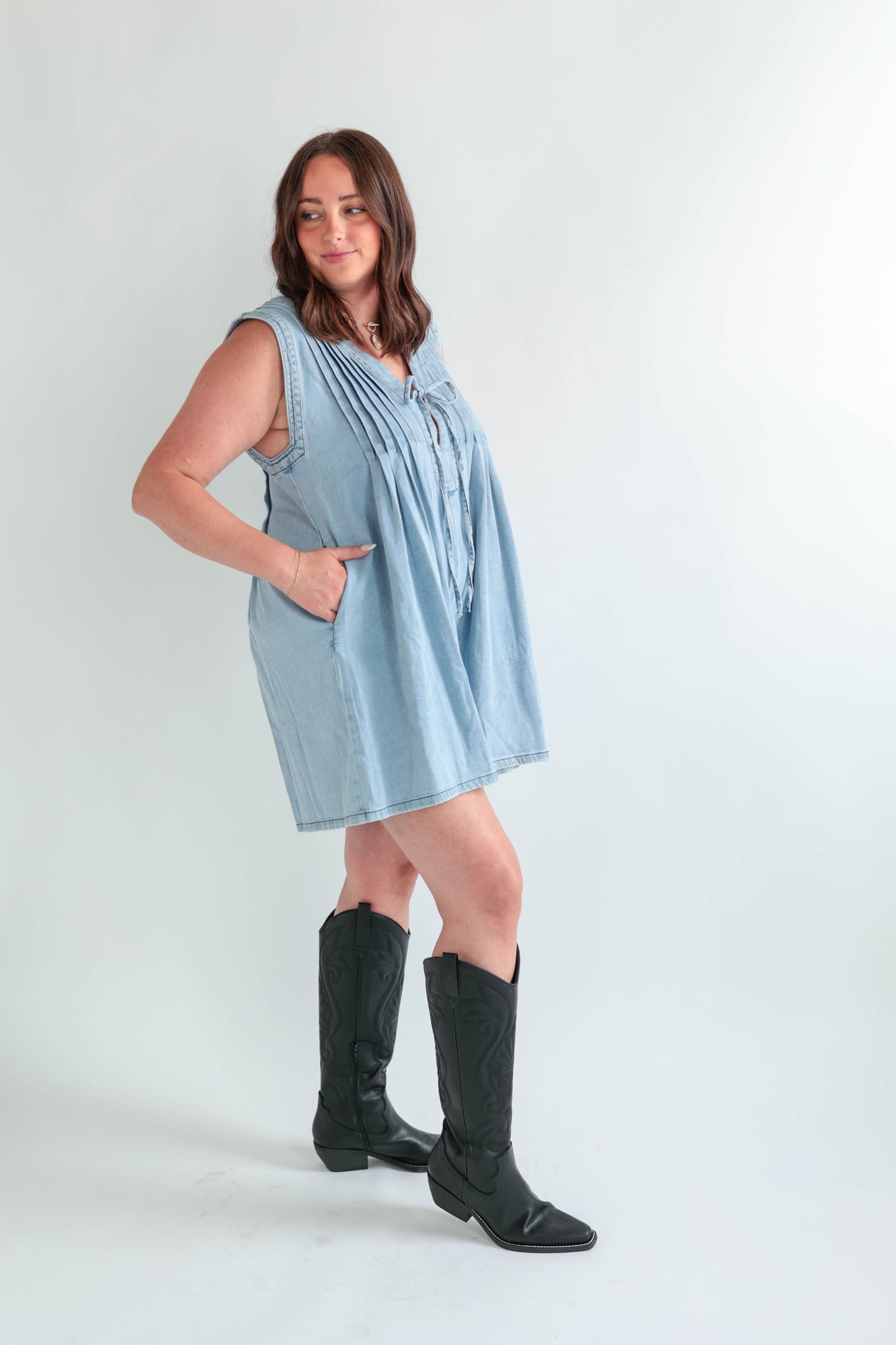 Pleated Denim Sleeveless Romper