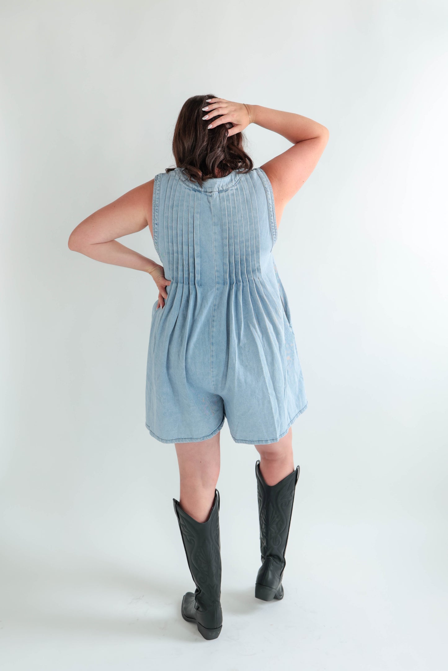Pleated Denim Sleeveless Romper