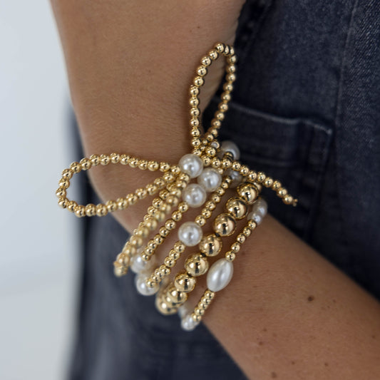 Multi Layer Ball Chain Bead Pearl Bow Bracelet