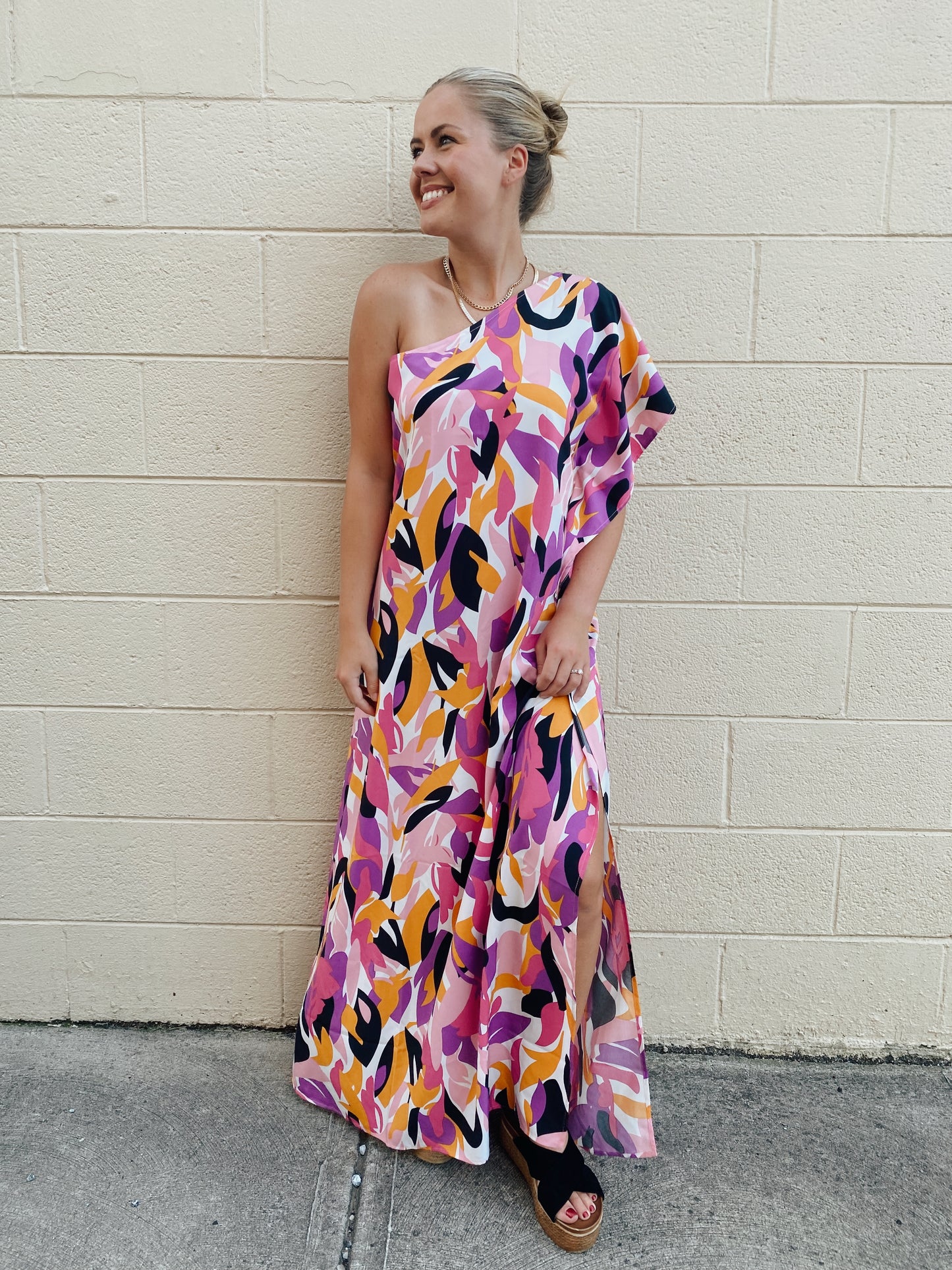 Print One Shoulder Maxi Dress