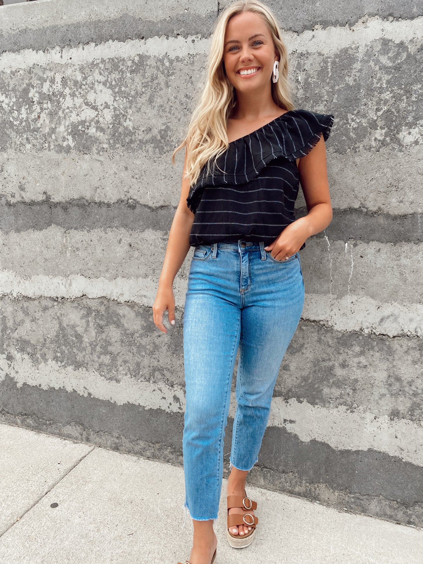 One Shoulder Black Stripe Bodysuit