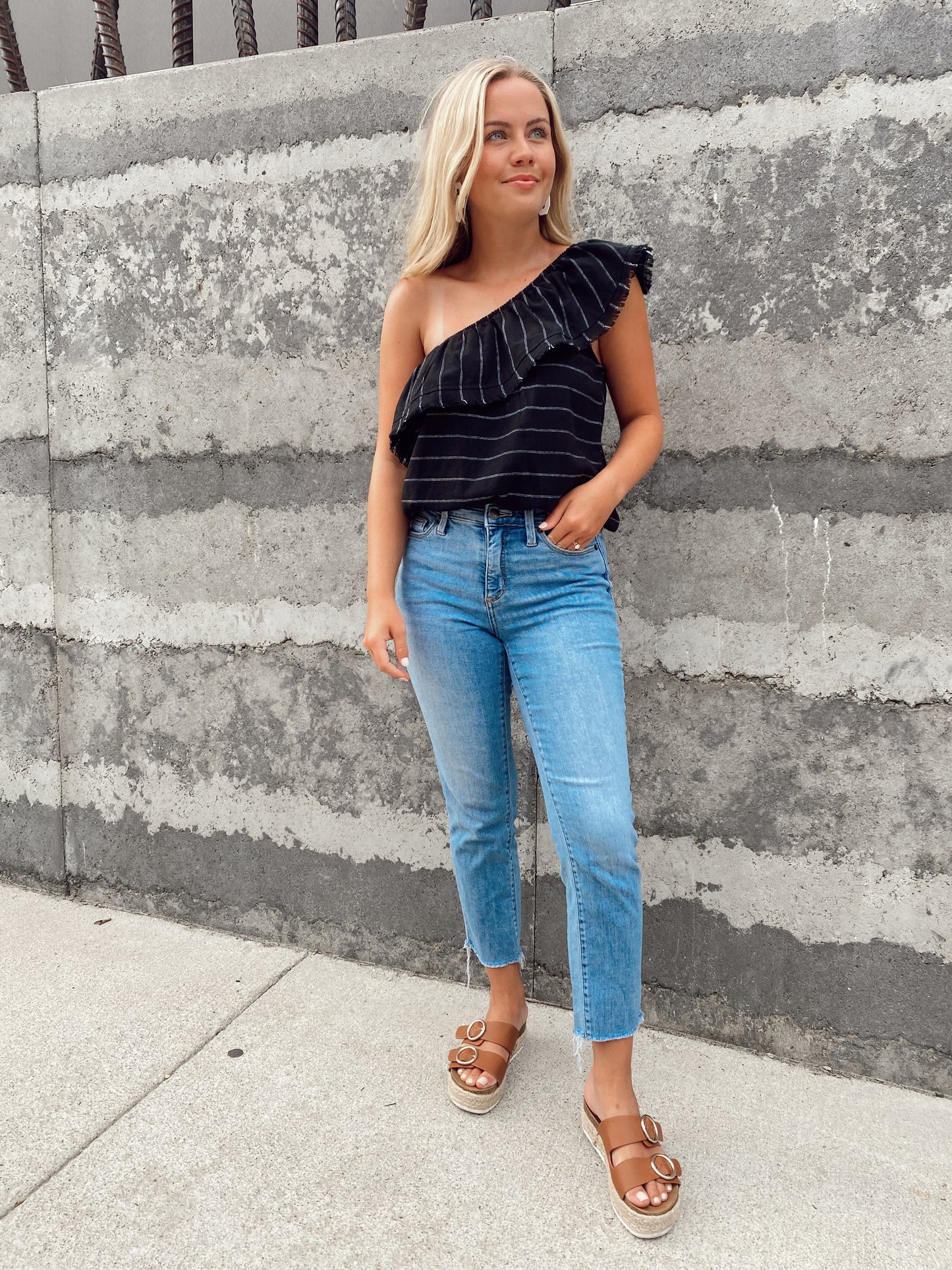 One Shoulder Black Stripe Bodysuit