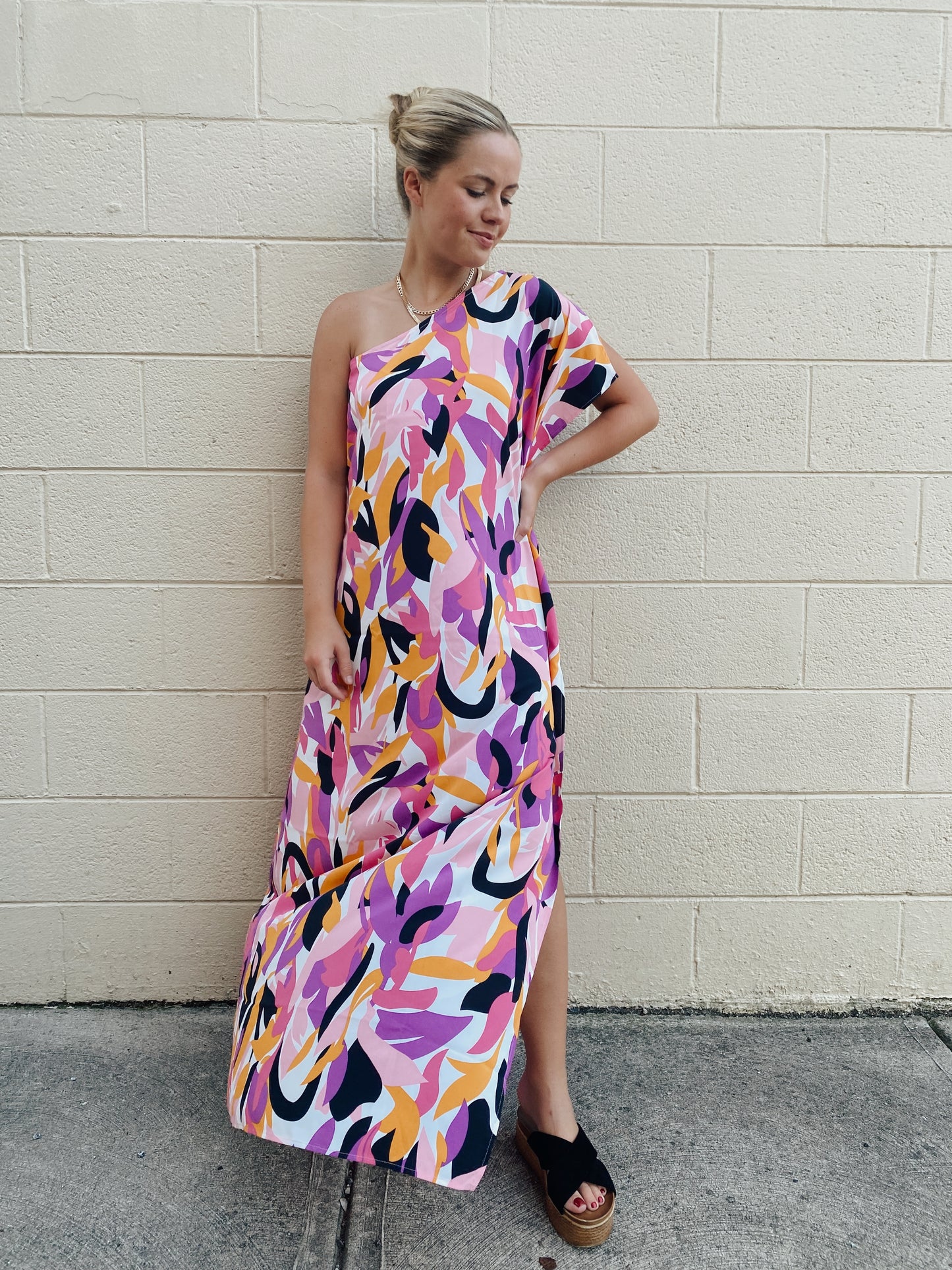 Print One Shoulder Maxi Dress