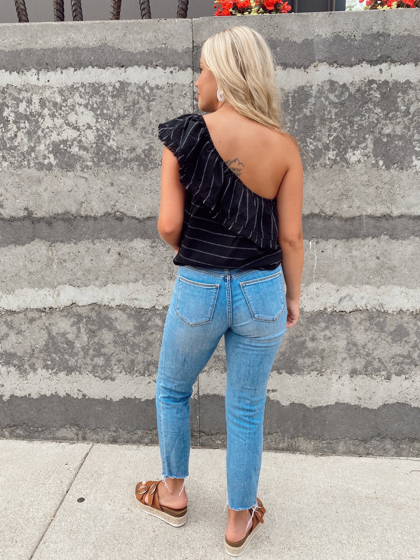 One Shoulder Black Stripe Bodysuit