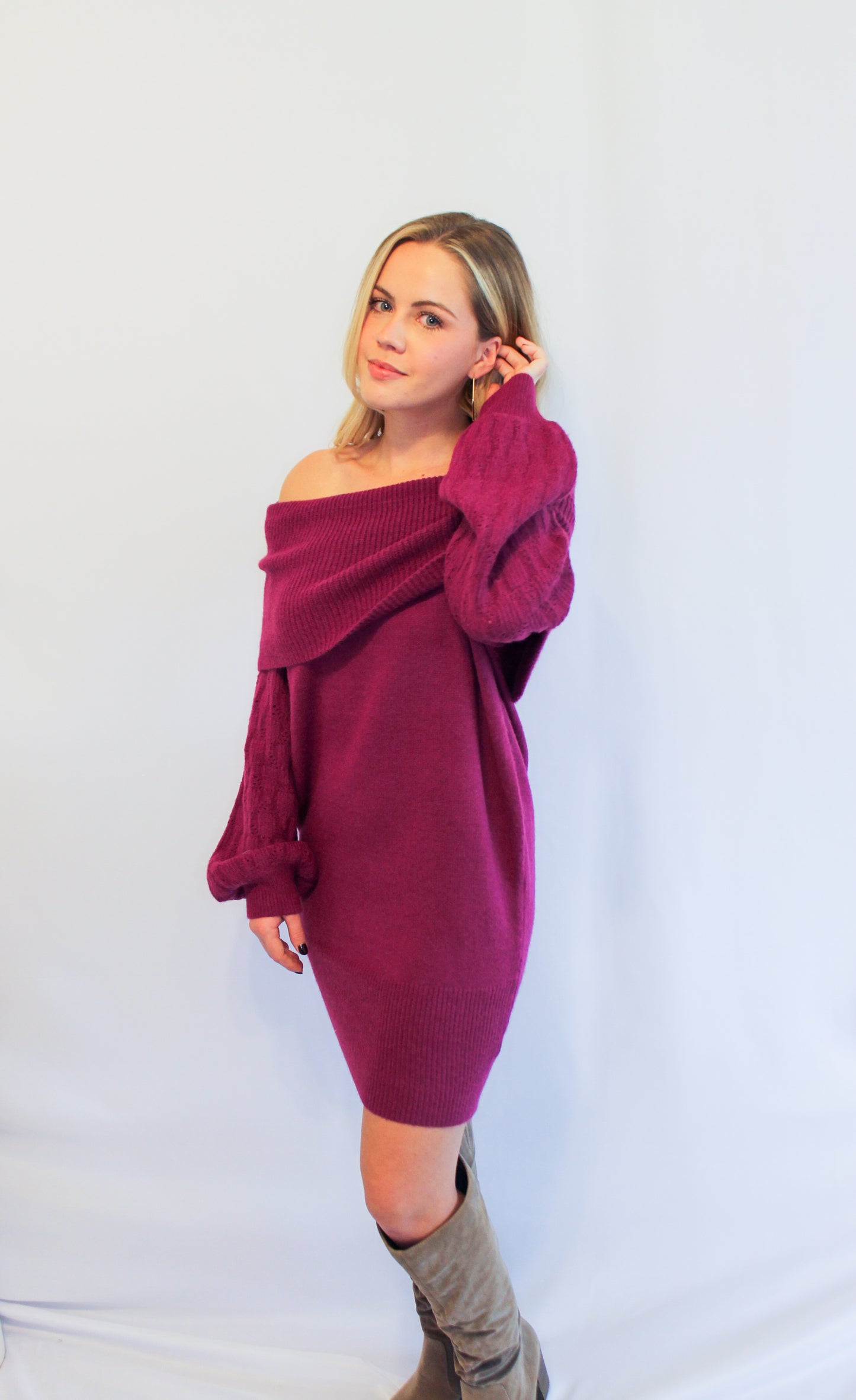 Magenta Off Shoulder Sweater Dress