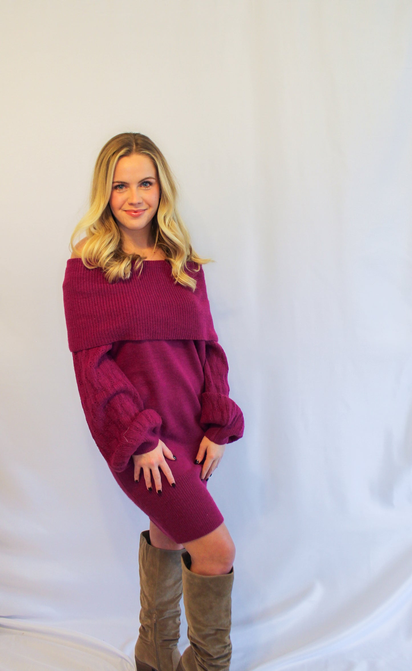 Magenta Off Shoulder Sweater Dress