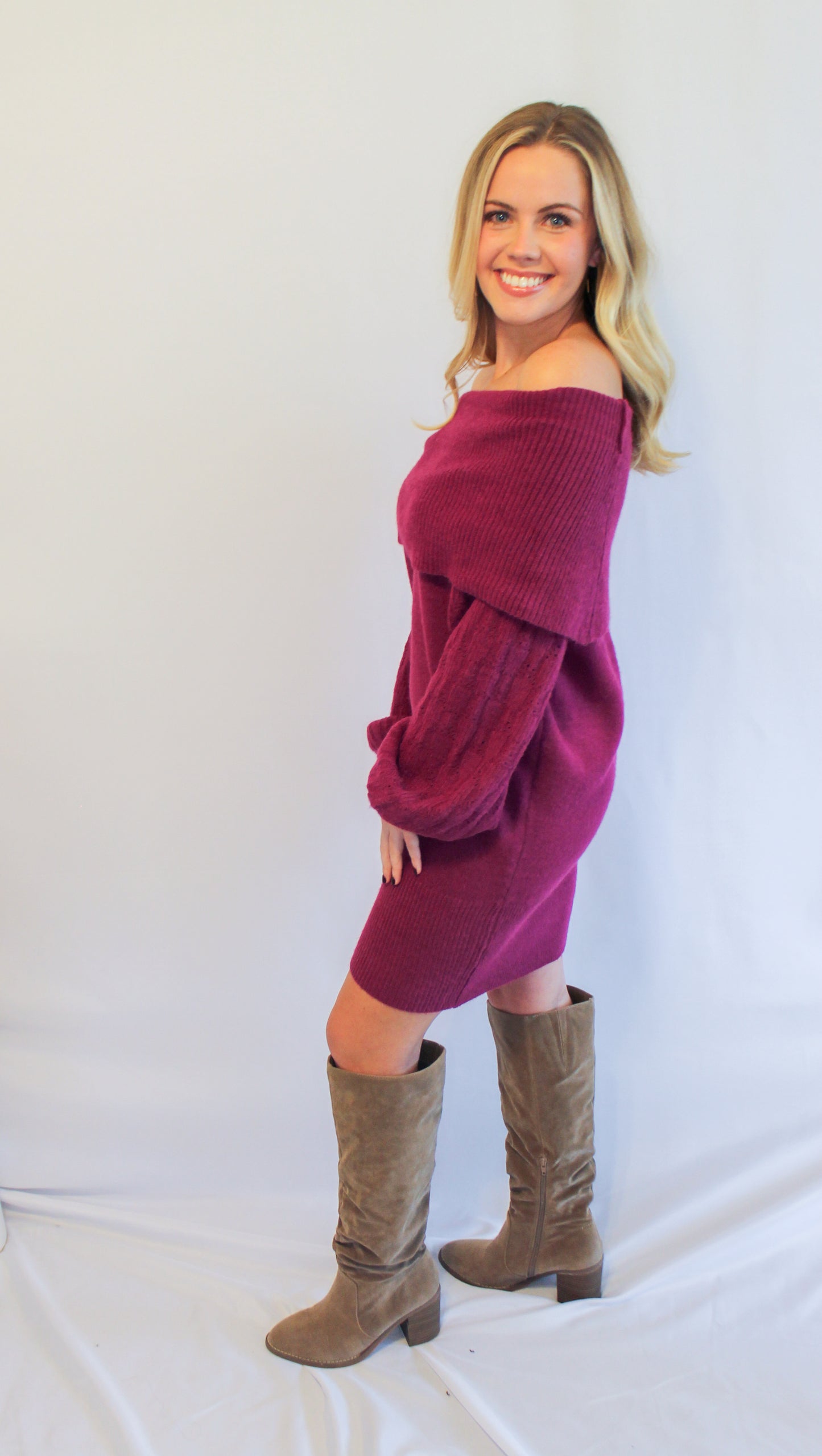 Magenta Off Shoulder Sweater Dress