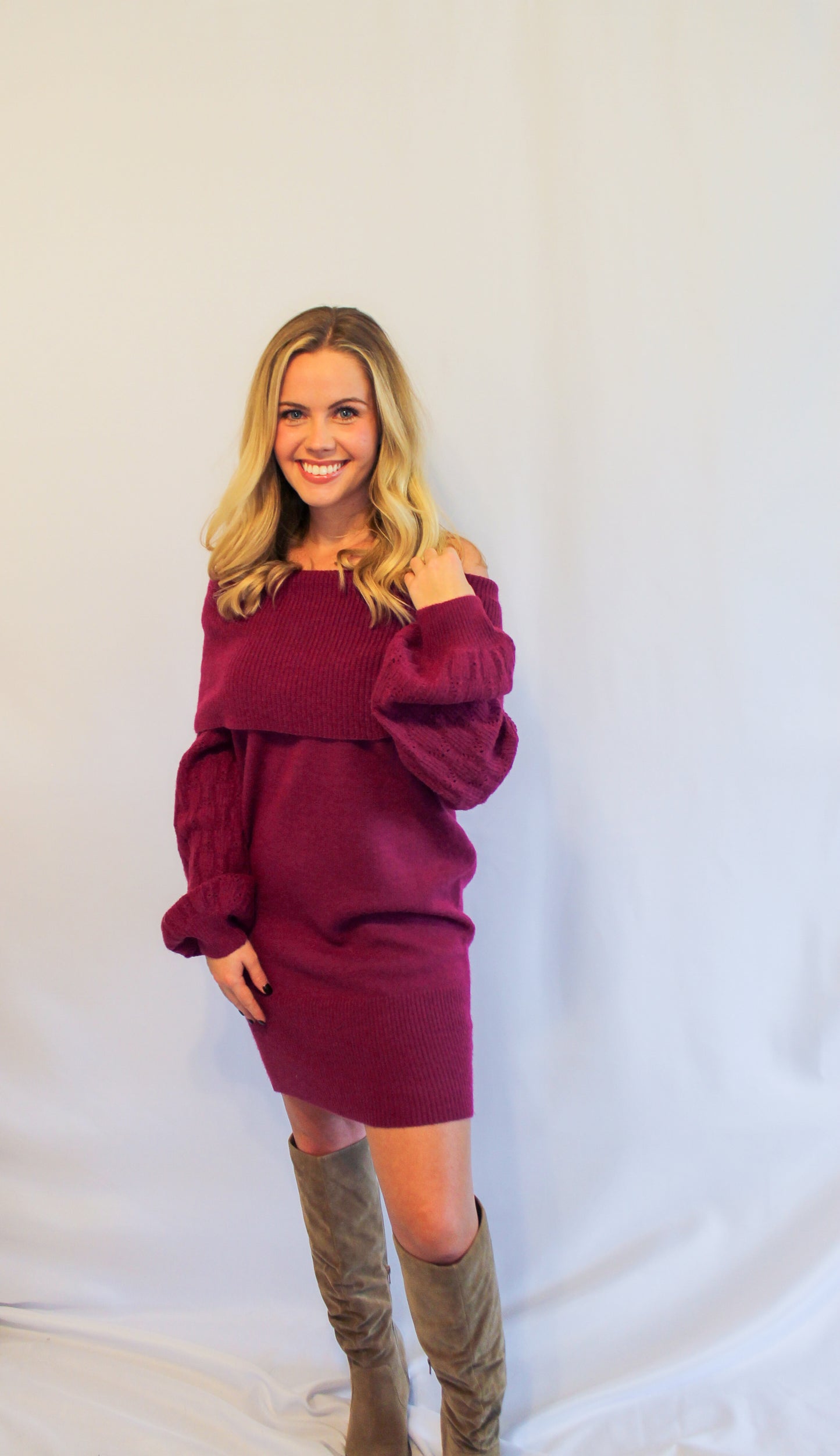 Magenta Off Shoulder Sweater Dress