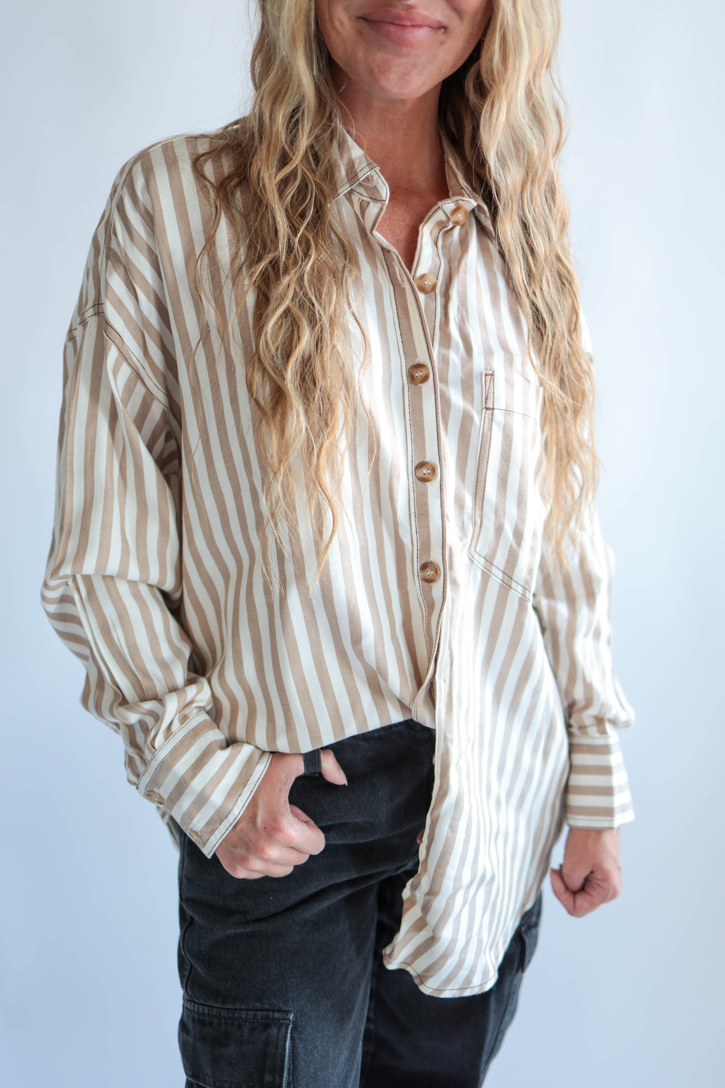 Khaki Stripe Button Down Top