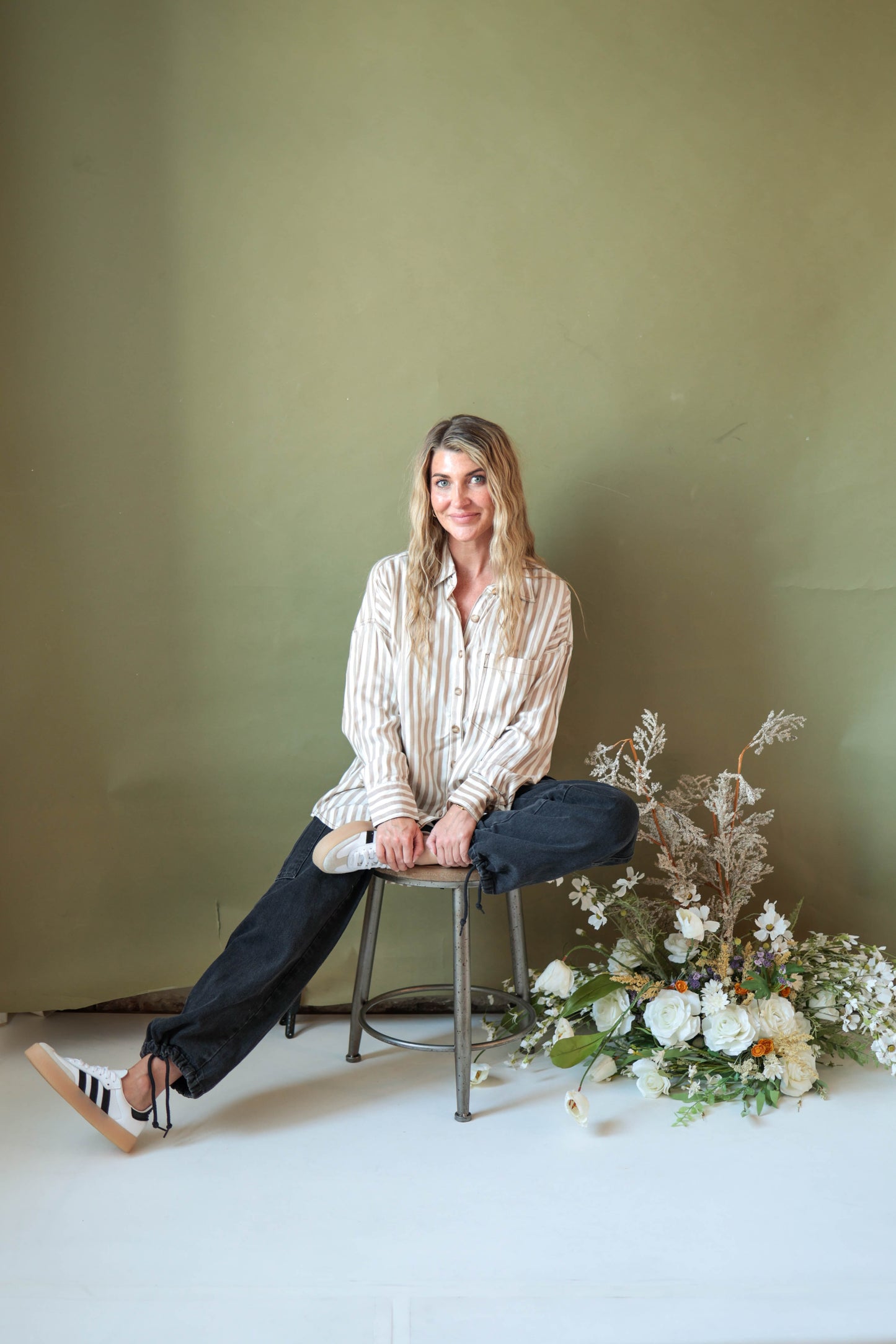 Khaki Stripe Button Down Top