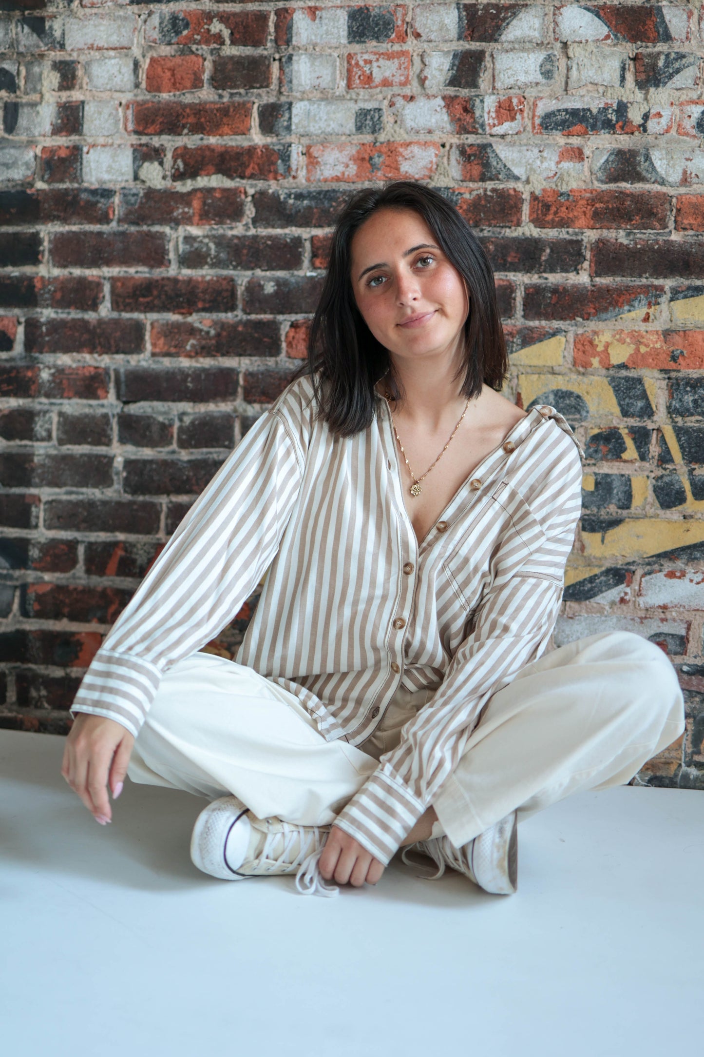 Khaki Stripe Button Down Top