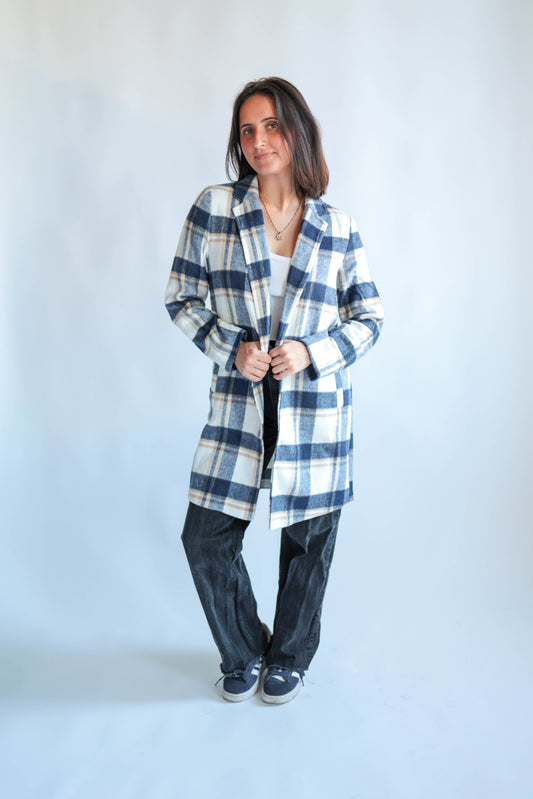 Navy Plaid Wool Coat