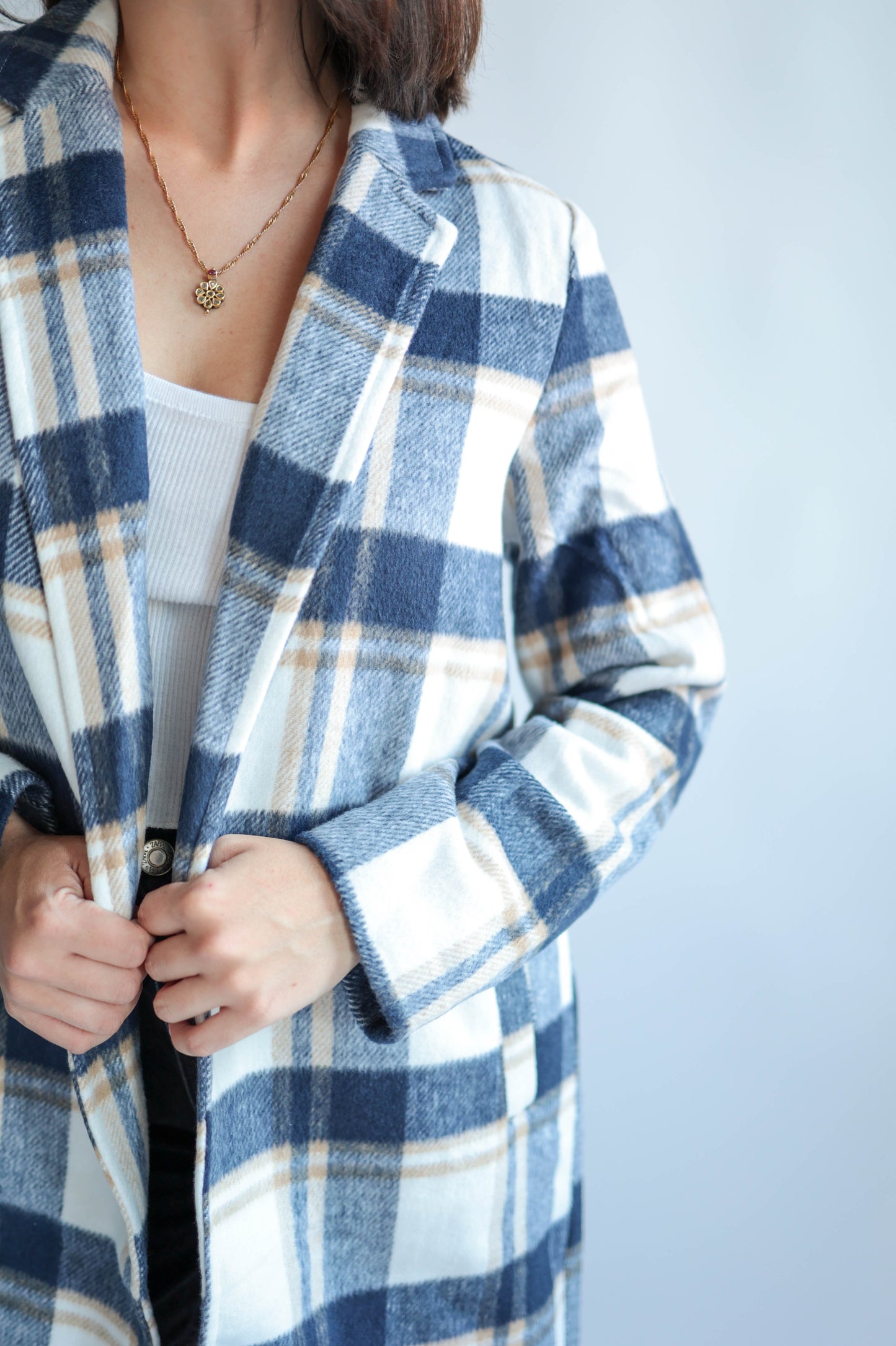 Navy Plaid Wool Coat