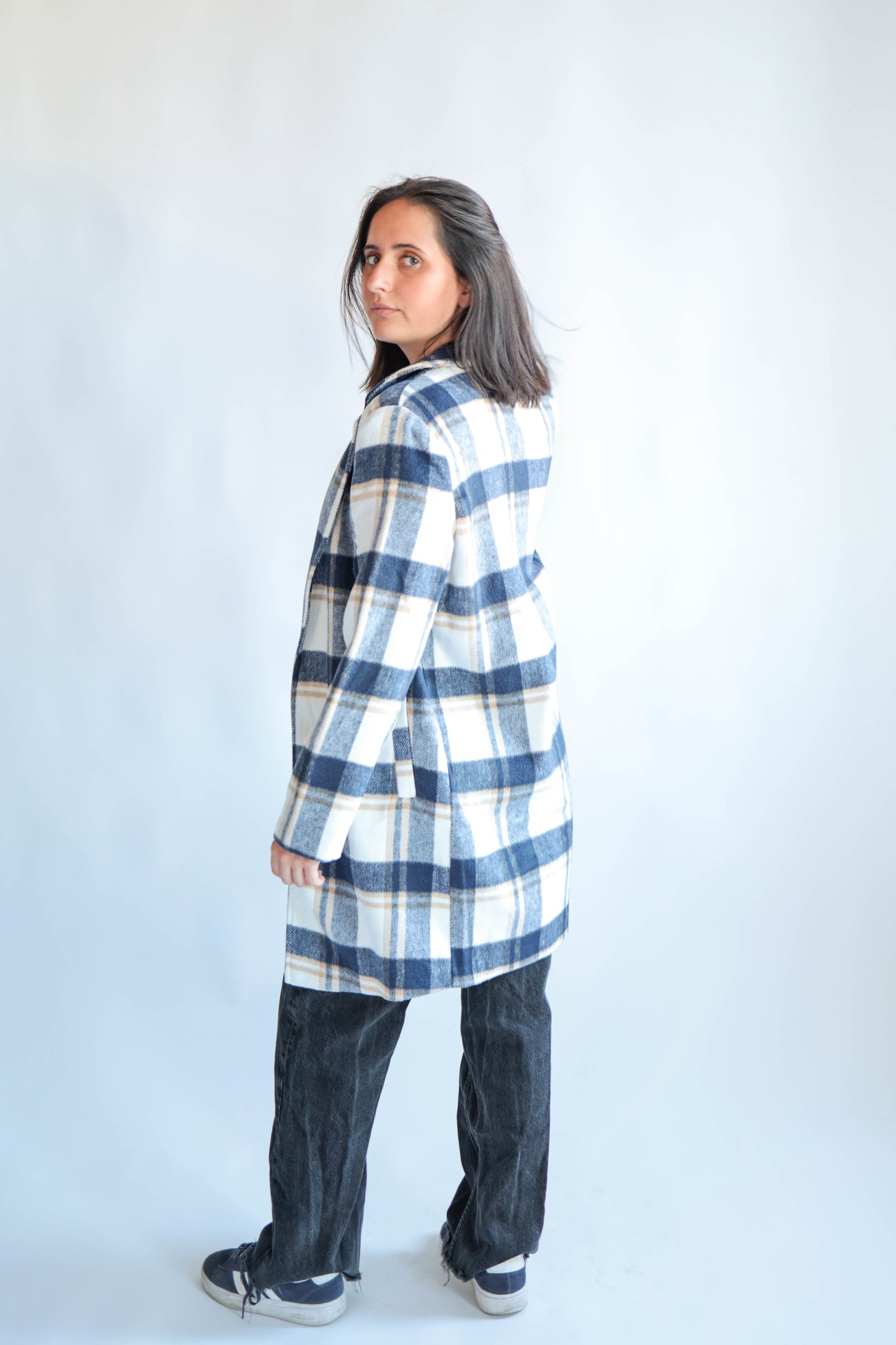 Navy Plaid Wool Coat