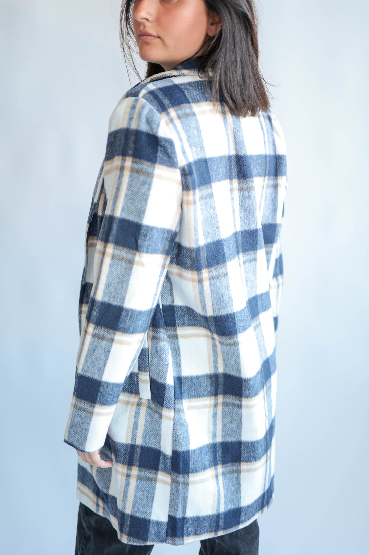 Navy Plaid Wool Coat