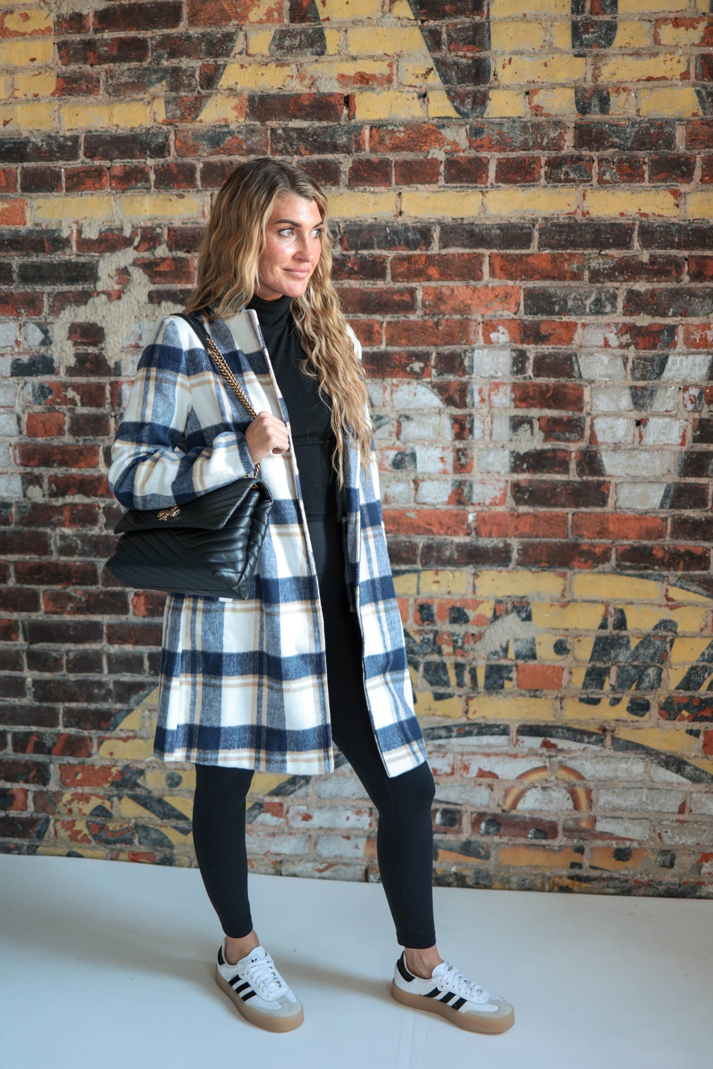 Navy Plaid Wool Coat