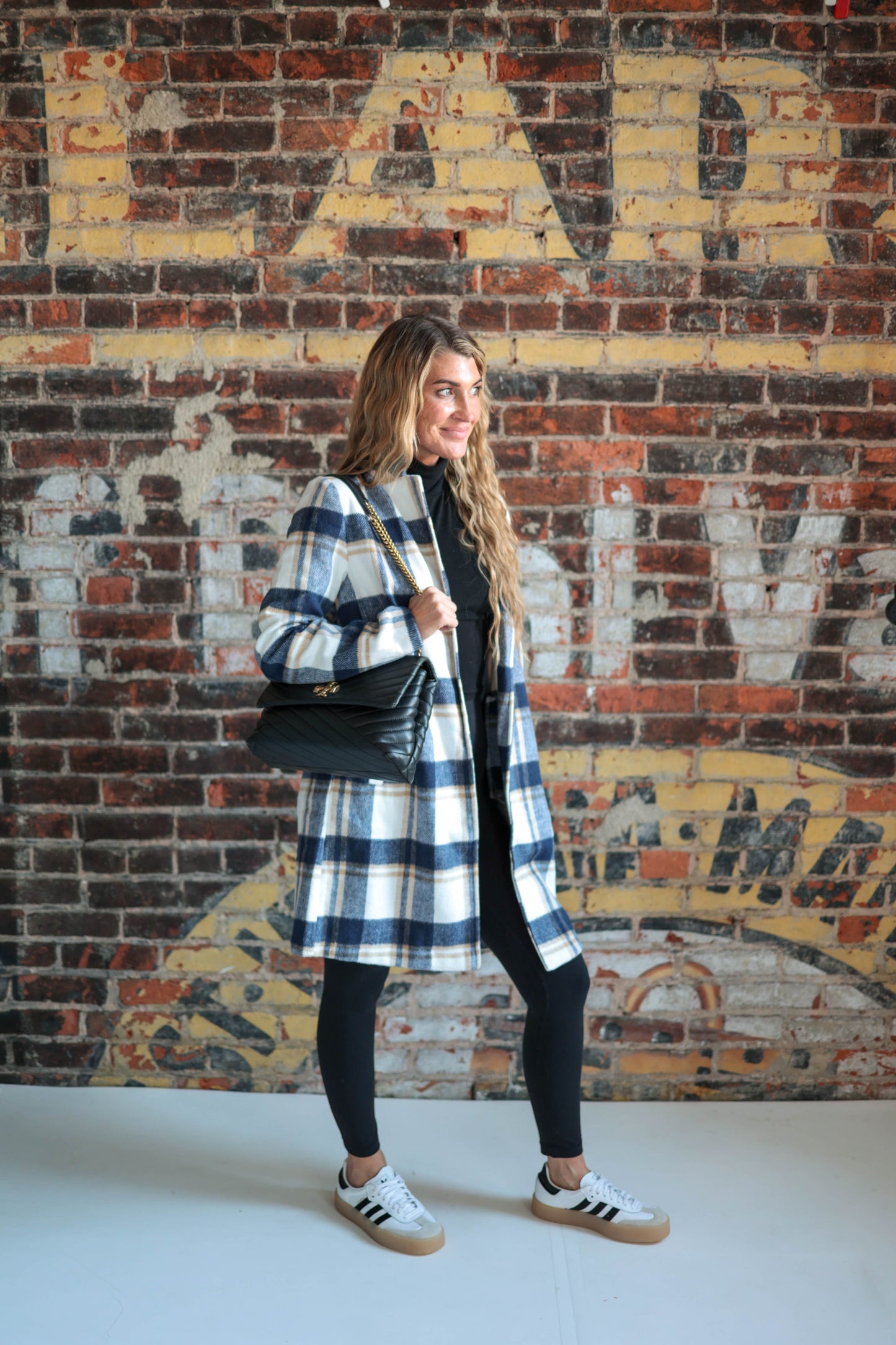 Navy Plaid Wool Coat