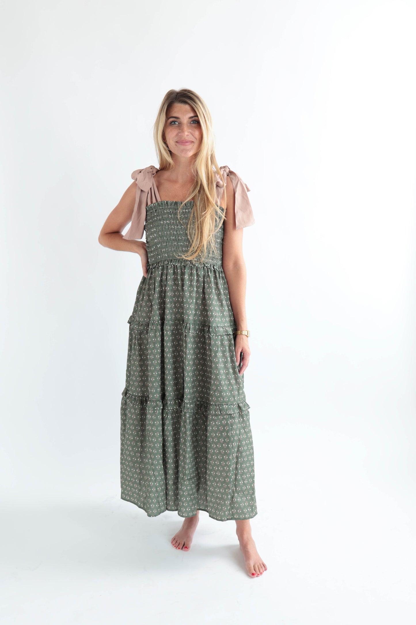 Olive Floral Smocked Maxi Dress