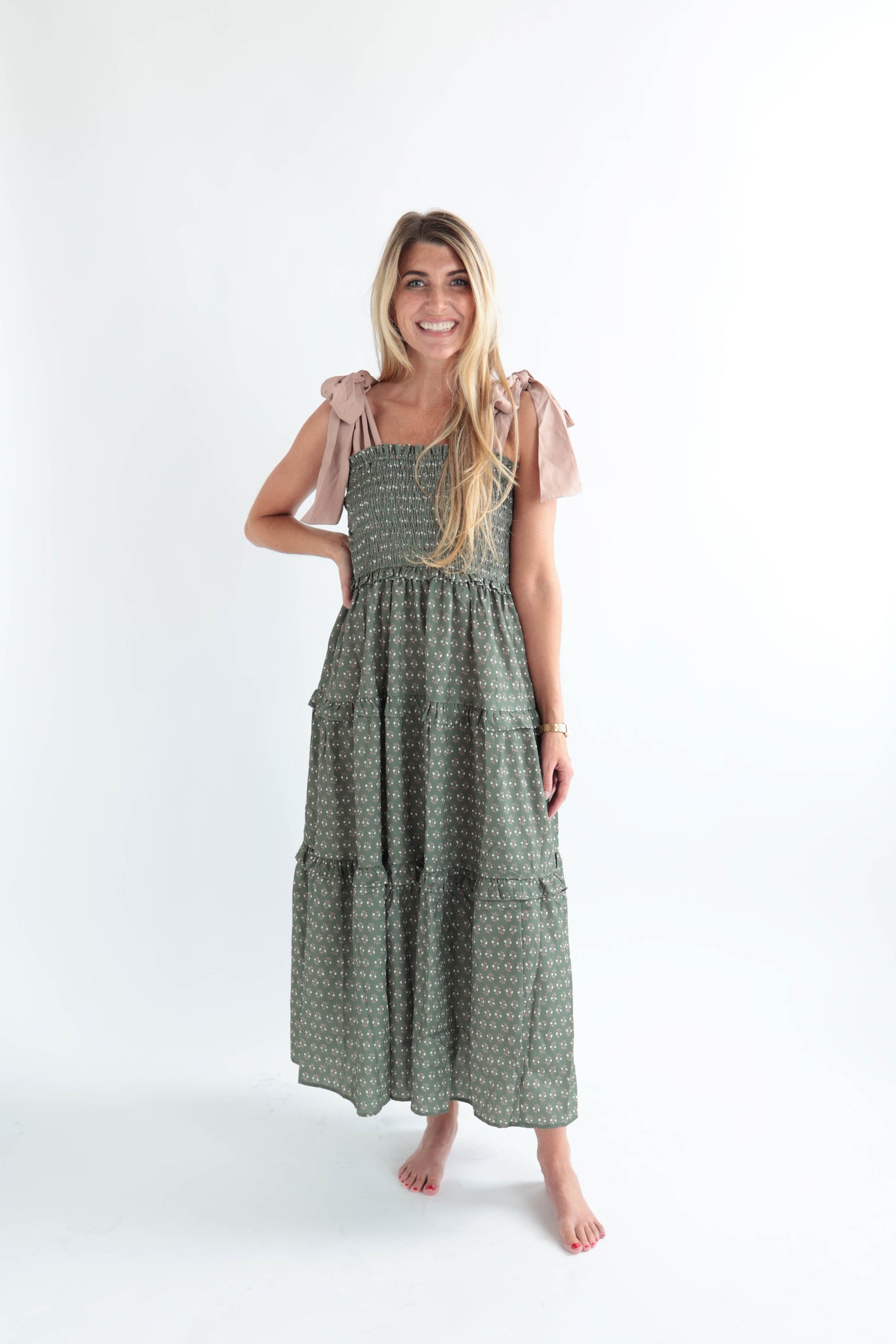 Olive Floral Smocked Maxi Dress