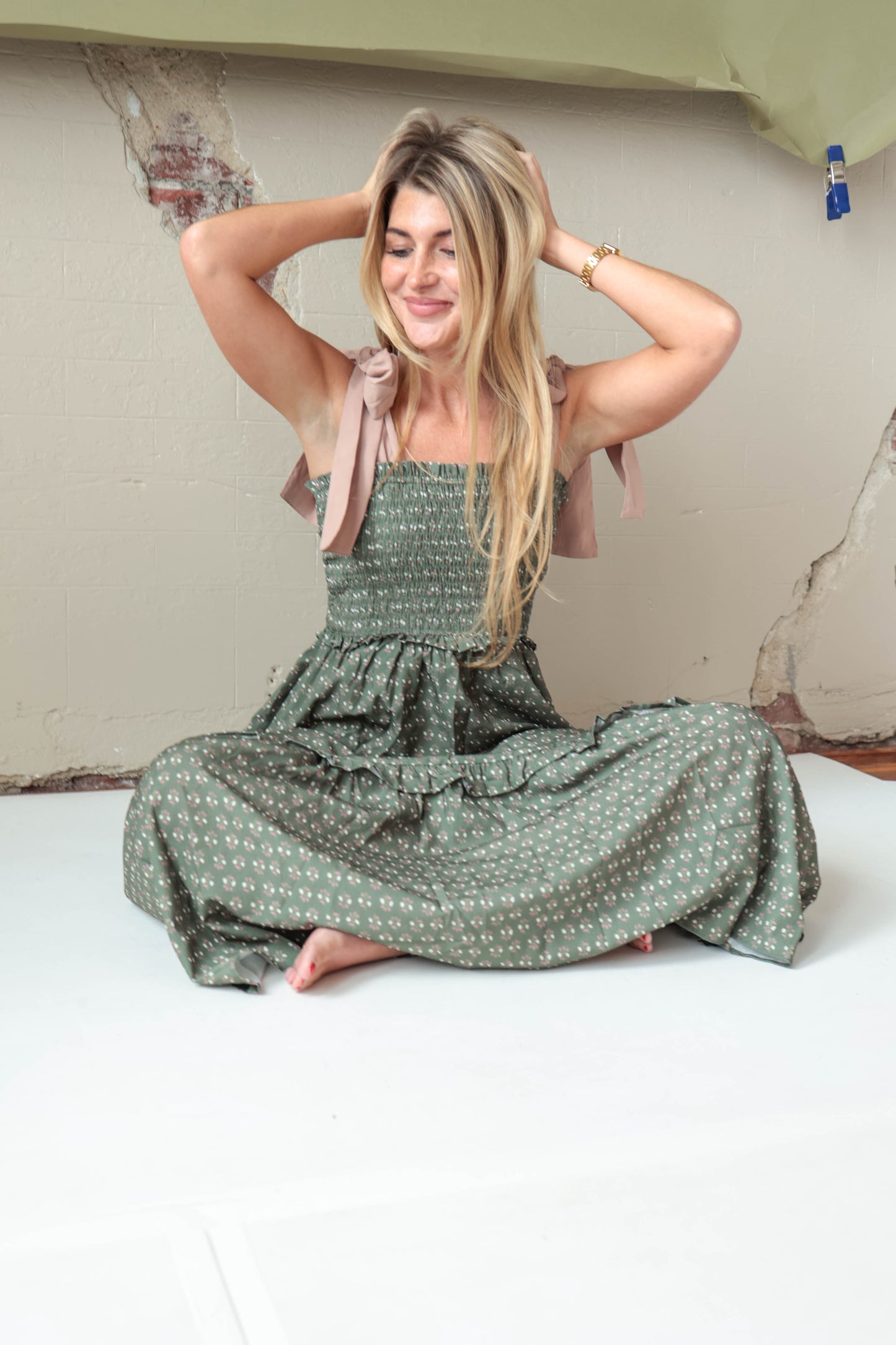 Olive Floral Smocked Maxi Dress