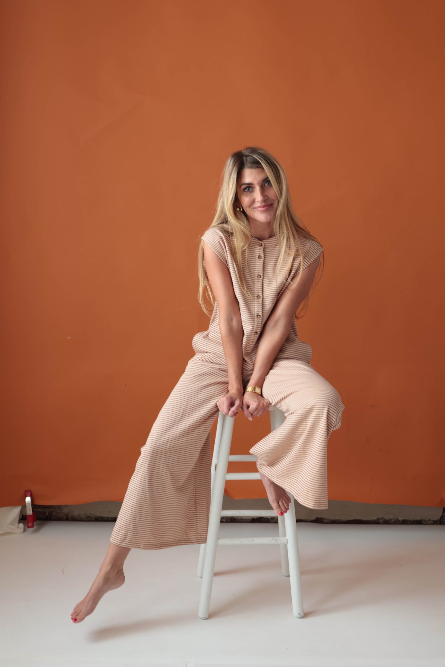 Rust & White Wide Leg Stripe Jumpsuit