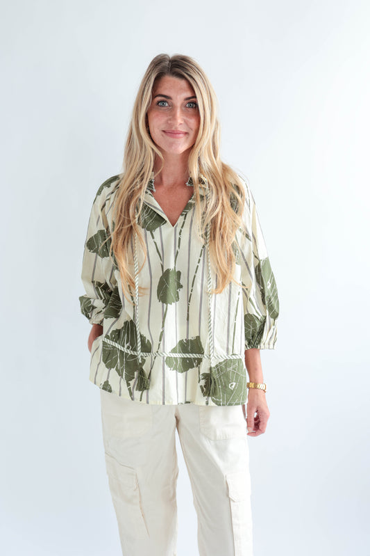 Olive Floral V-Neck Top