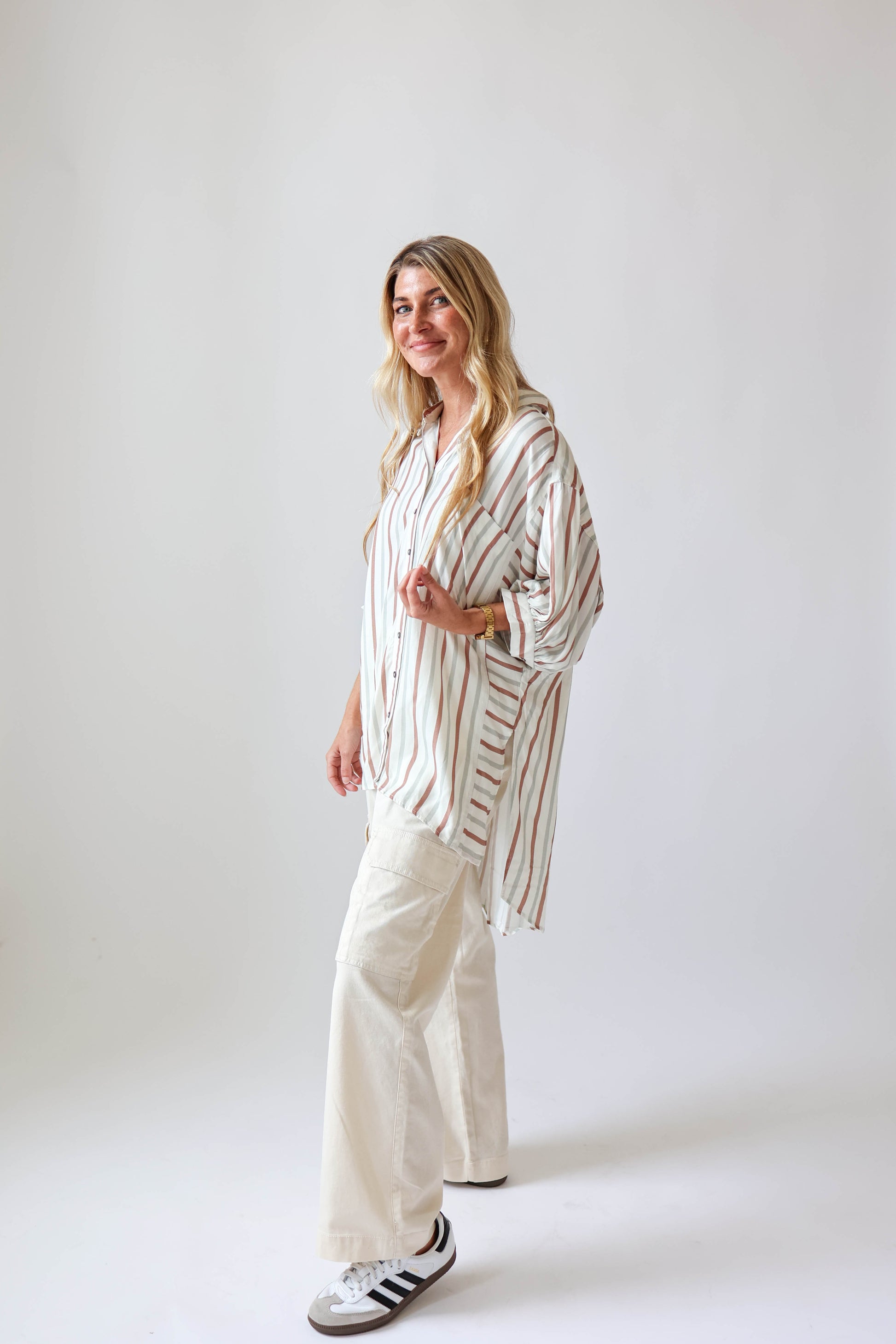 Neutral Stripe Button Down Top