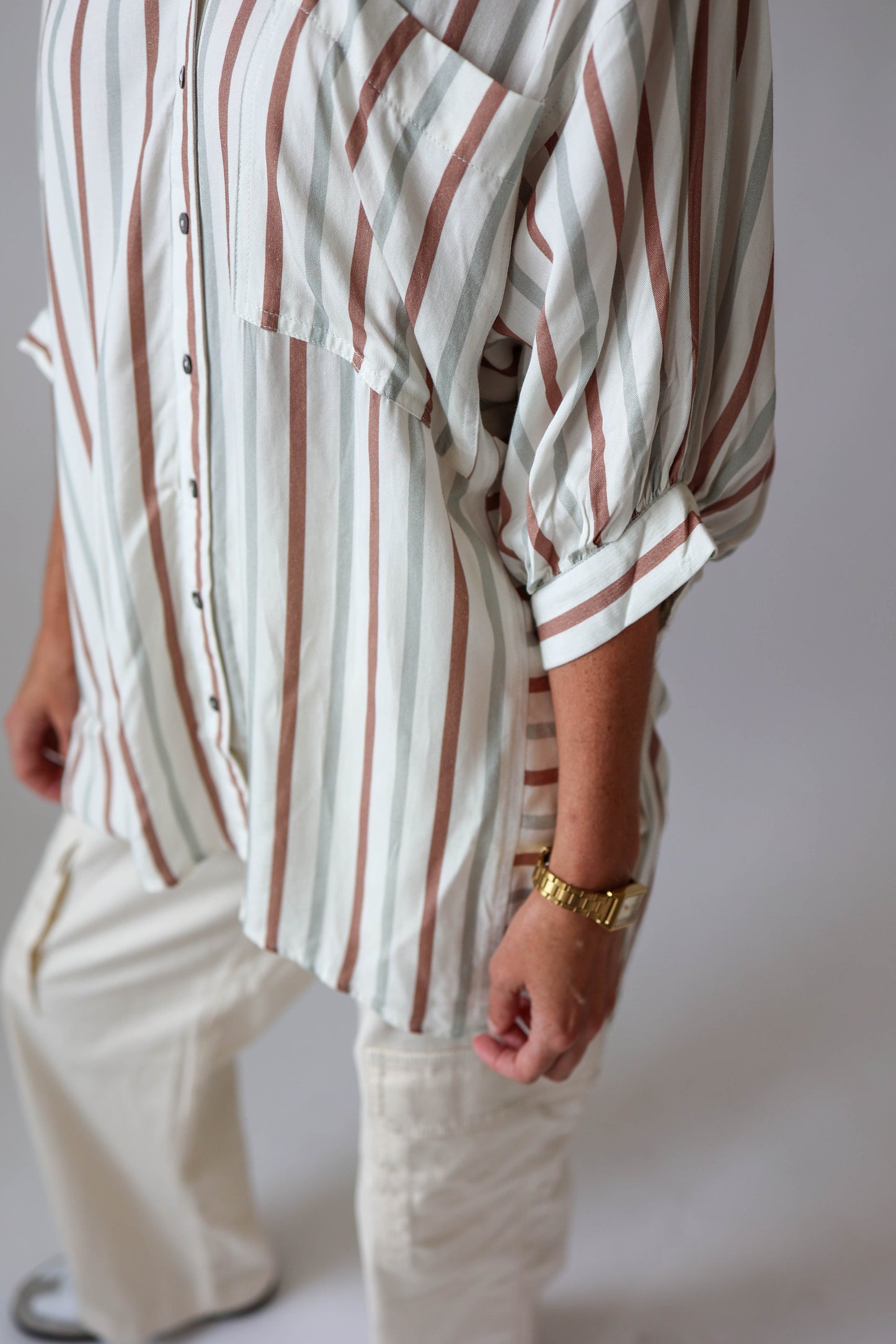 Neutral Stripe Button Down Top