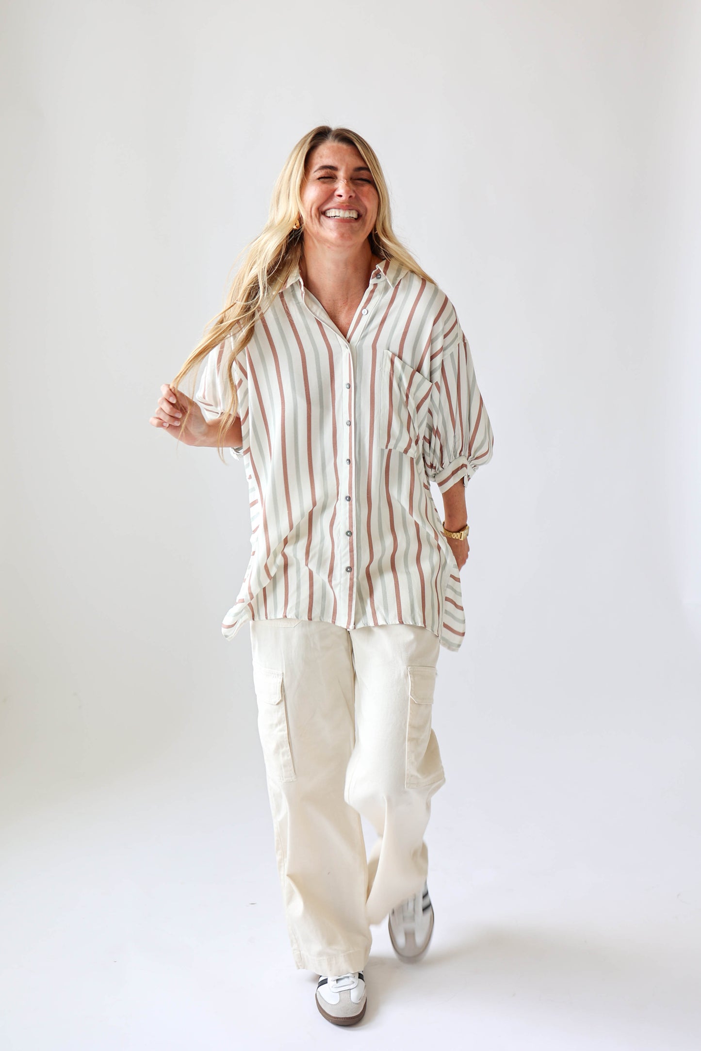 Neutral Stripe Button Down Top