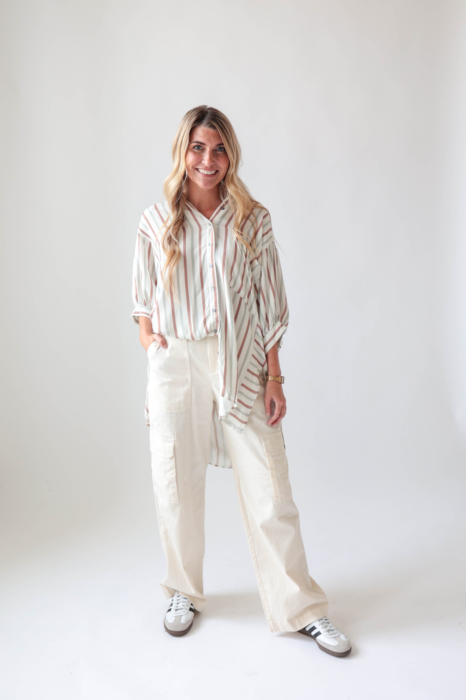 Neutral Stripe Button Down Top