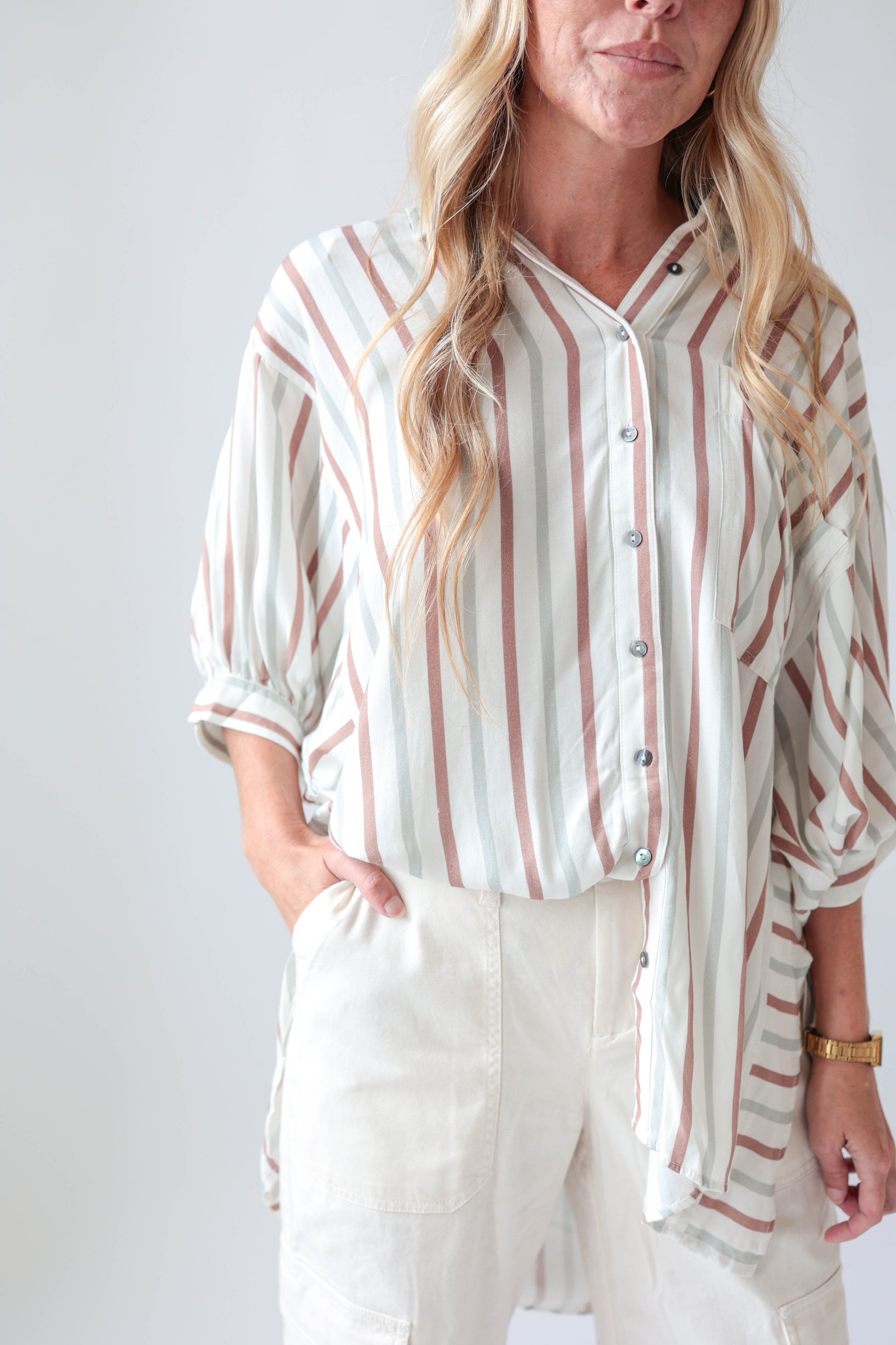 Neutral Stripe Button Down Top