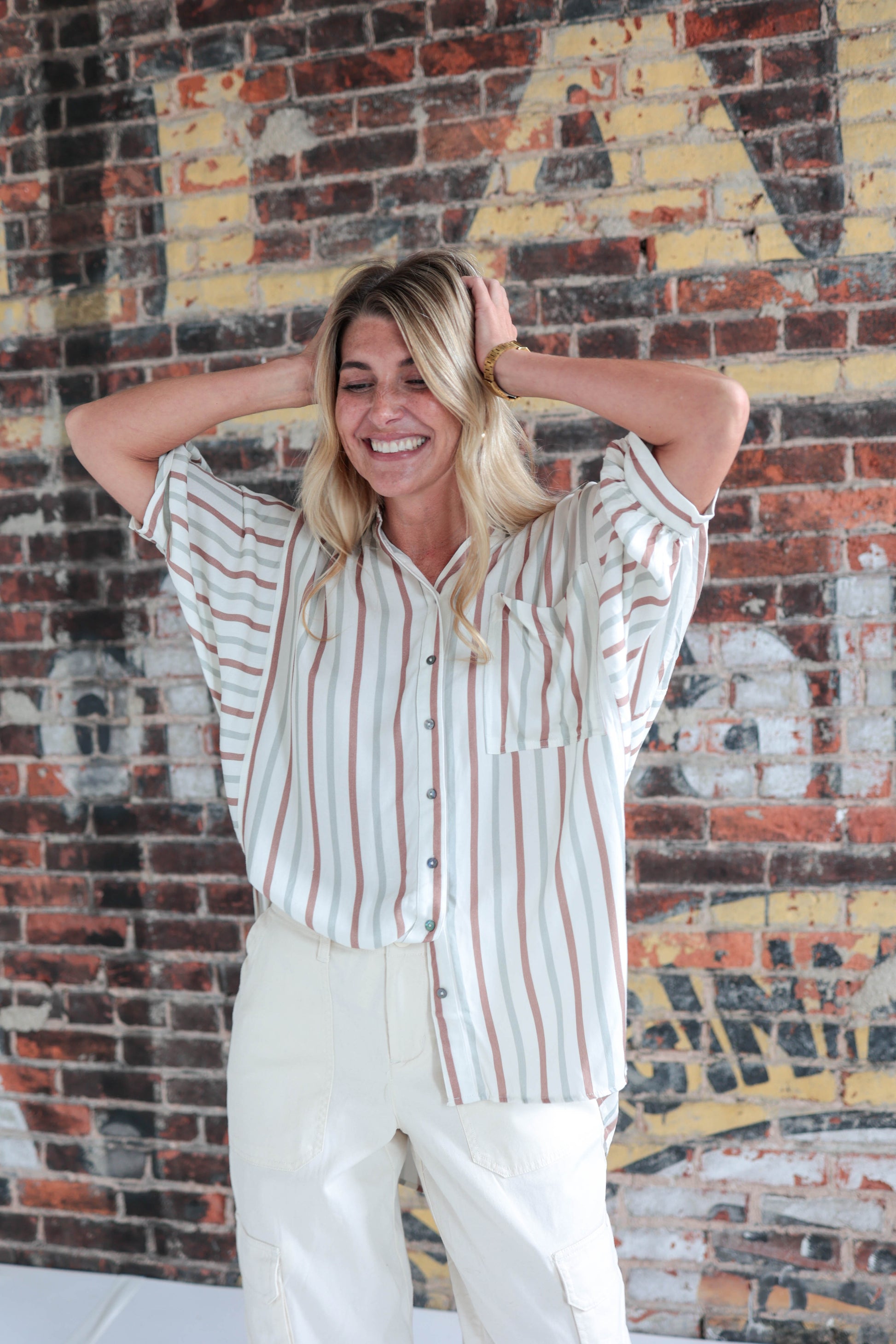 Neutral Stripe Button Down Top