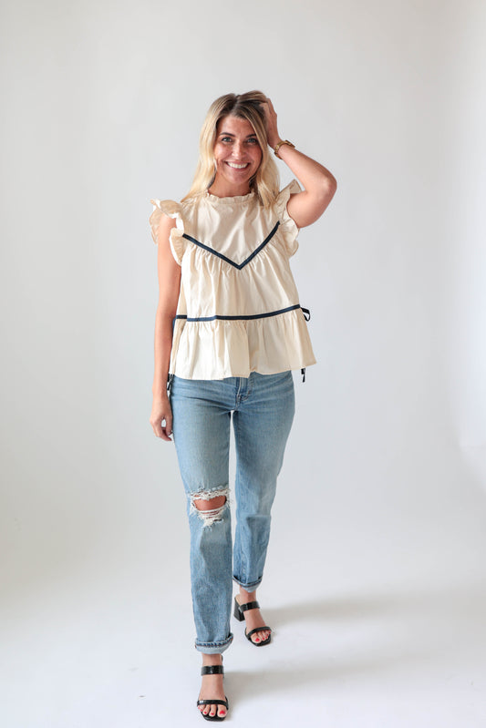 Ruffled High Neck Contrast Side Tie Top