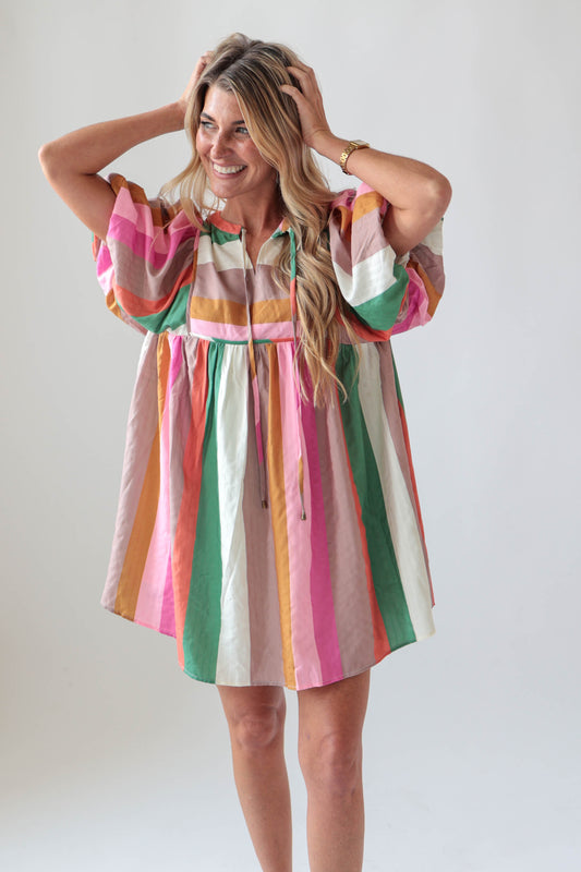 Stripe Bubble Sleeve Babydoll Dress