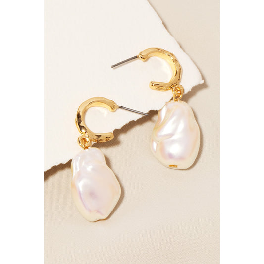 Pearl Charm Warped Metallic Hoop Earrings