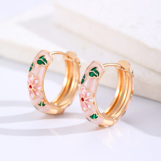 Pink Vintage Cloisonne Enamel Floral Hoop Earrings