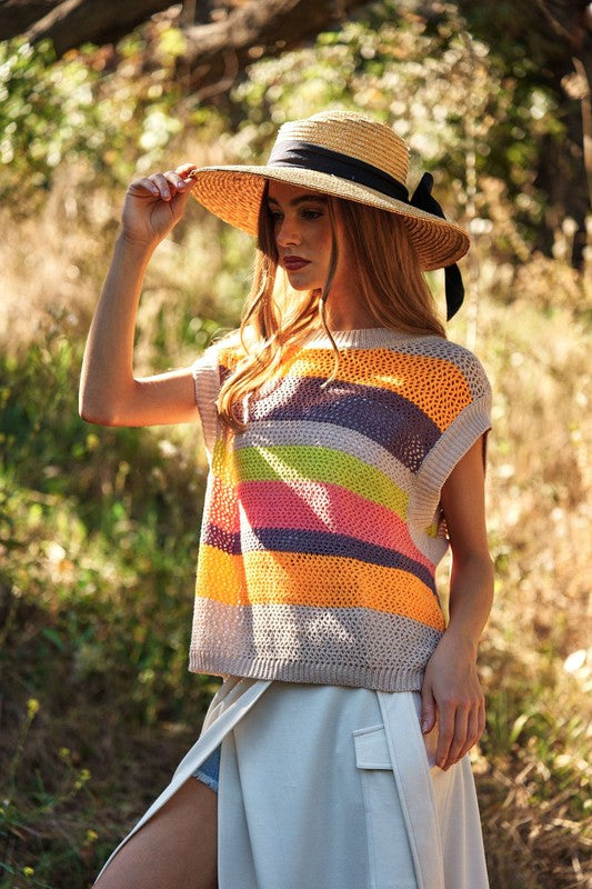 Crochet Multi Striped Pullover Knit Sweater Vest