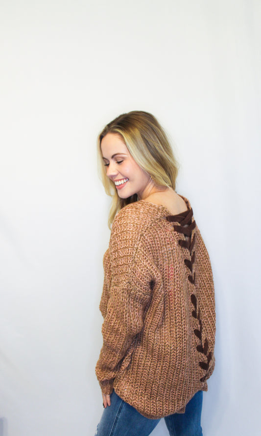 Camel Lace Up Sweater