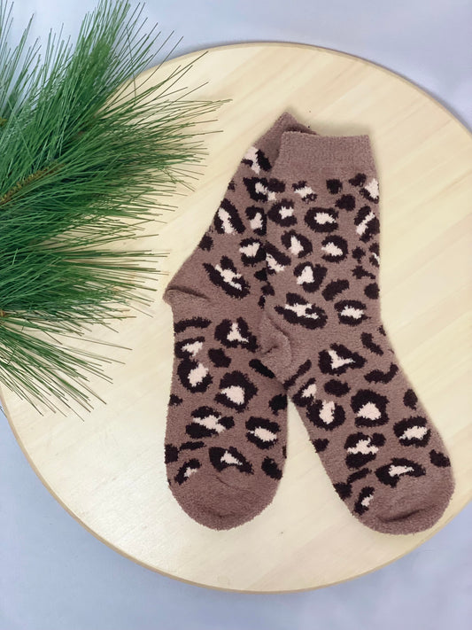 Taupe Fuzzy Leopard Socks