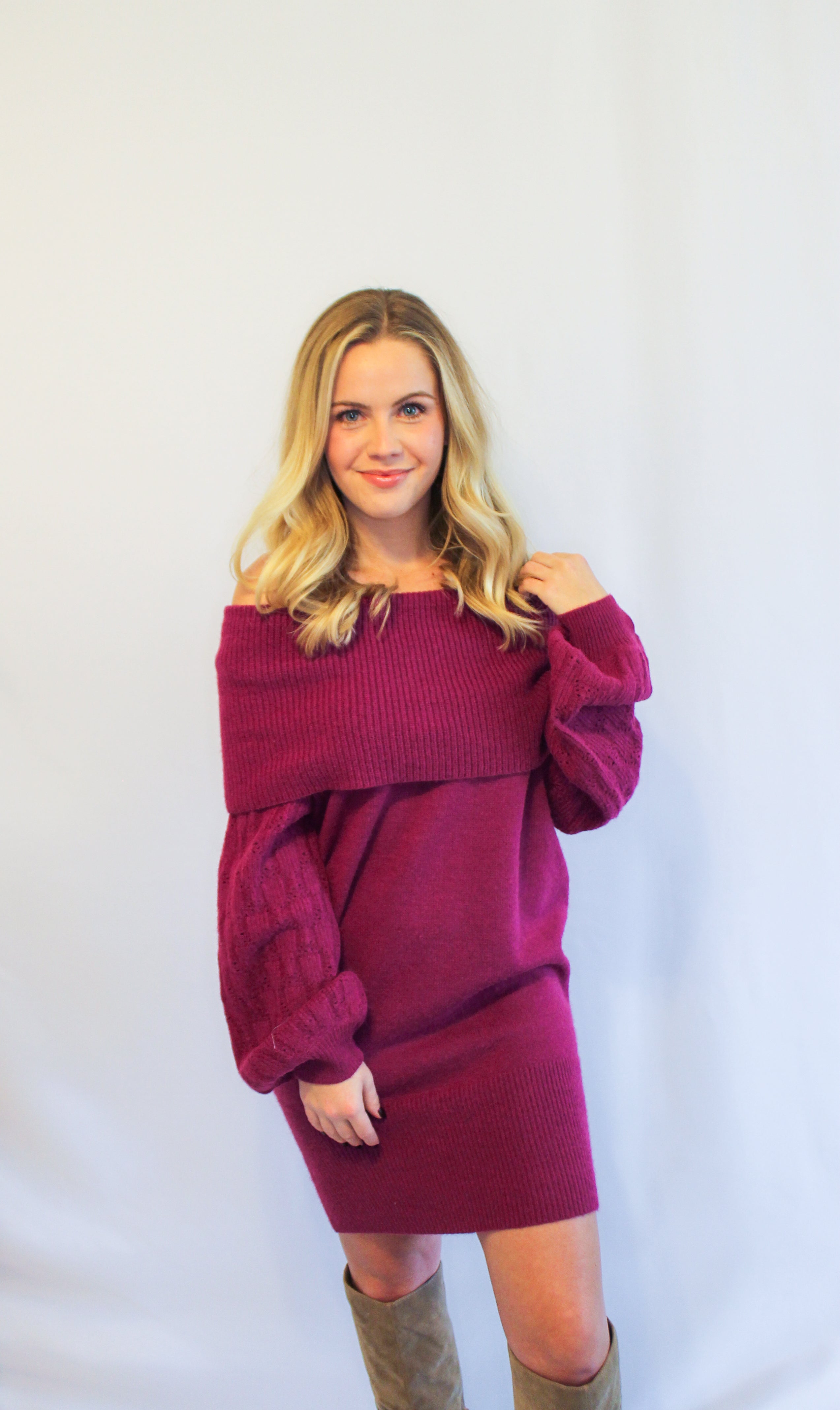 Burgundy off the on sale shoulder sweater dress